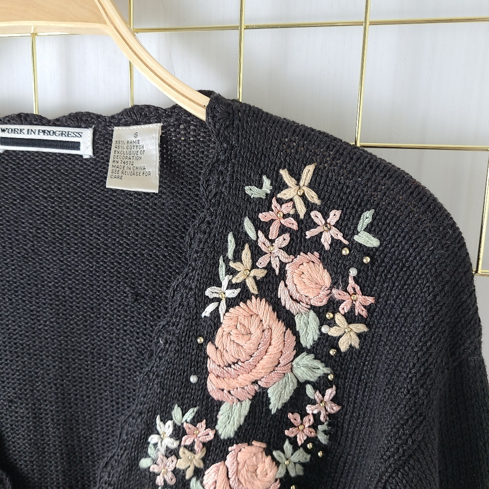 Work In Progress Embroidered Pearl Beaded Vintage Grandma Cardigan Sweater - Picture 3 of 12